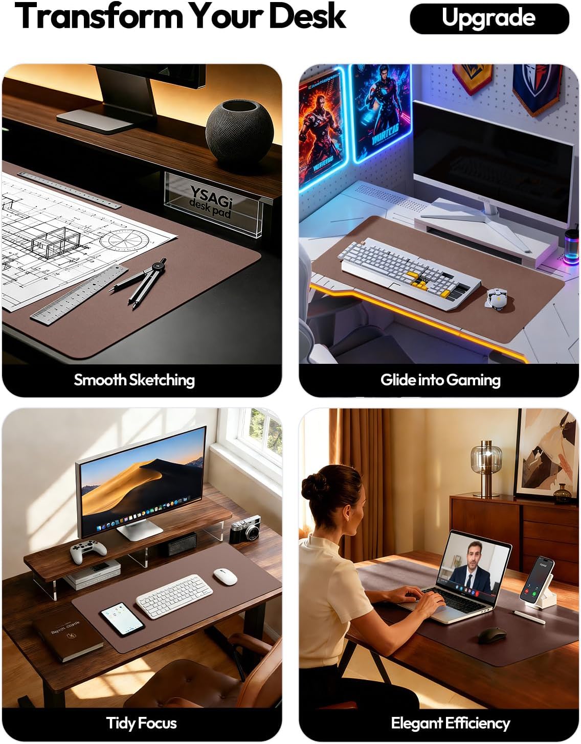 YSAGi Leather Desk Pad Protector, Office Desk Mat, Large Mouse Pad, Non-Slip PU Leather Desk Blotter, Waterproof Laptop Desk Writing Pad for Office and Home (23.6" x 13.8", Eggshell) - Colors A
