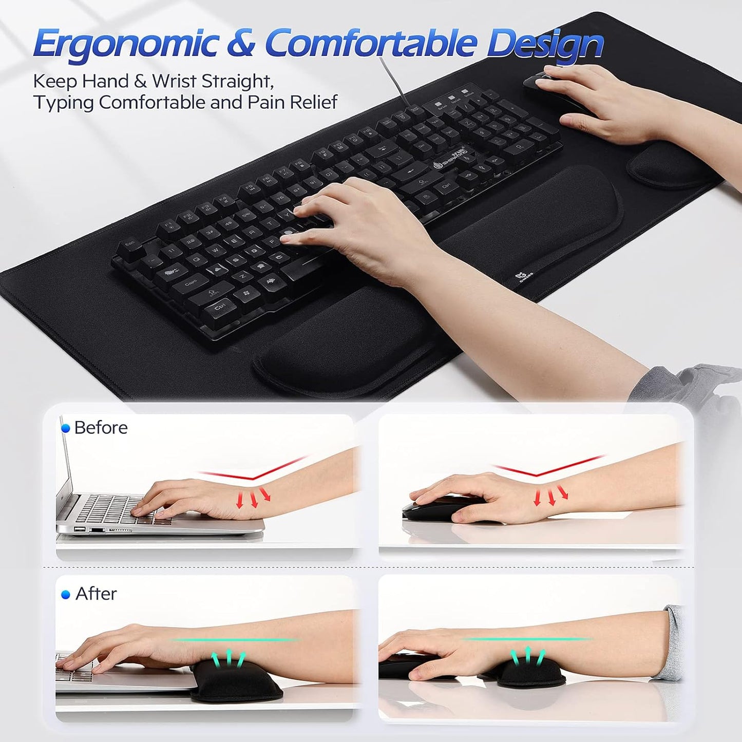 Gimars Upgrade Enlarge Silky and Superfine Fabric Gel Memory Foam Keyboard Wrist Rest Set, Ergonomic Keyboard Mouse Wrist Support for Typing Pain Relief, Comfort for Office, Gaming, Computer, Black