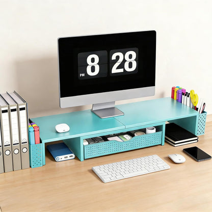 Spacrea Metal Desk Organizers and Accessories, Dual Monitor Stand Riser with Drawer and 2 Pen Holders, Desk Accessories & Workspace Desktop Organizers for Office Supplies (Wood)