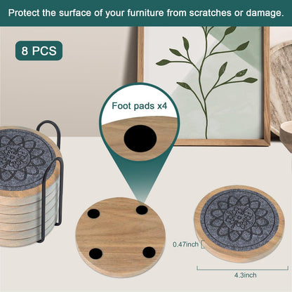 Wood Coasters for Drinks, Minacun Absorbent Coaster Sets of 5, Drinks Coasters for Coffee Tabletop Protection, Non-Slip, Non-Stick, Suitable for Kinds of Cups Wooden Table Drink, 4.3 Inches Black