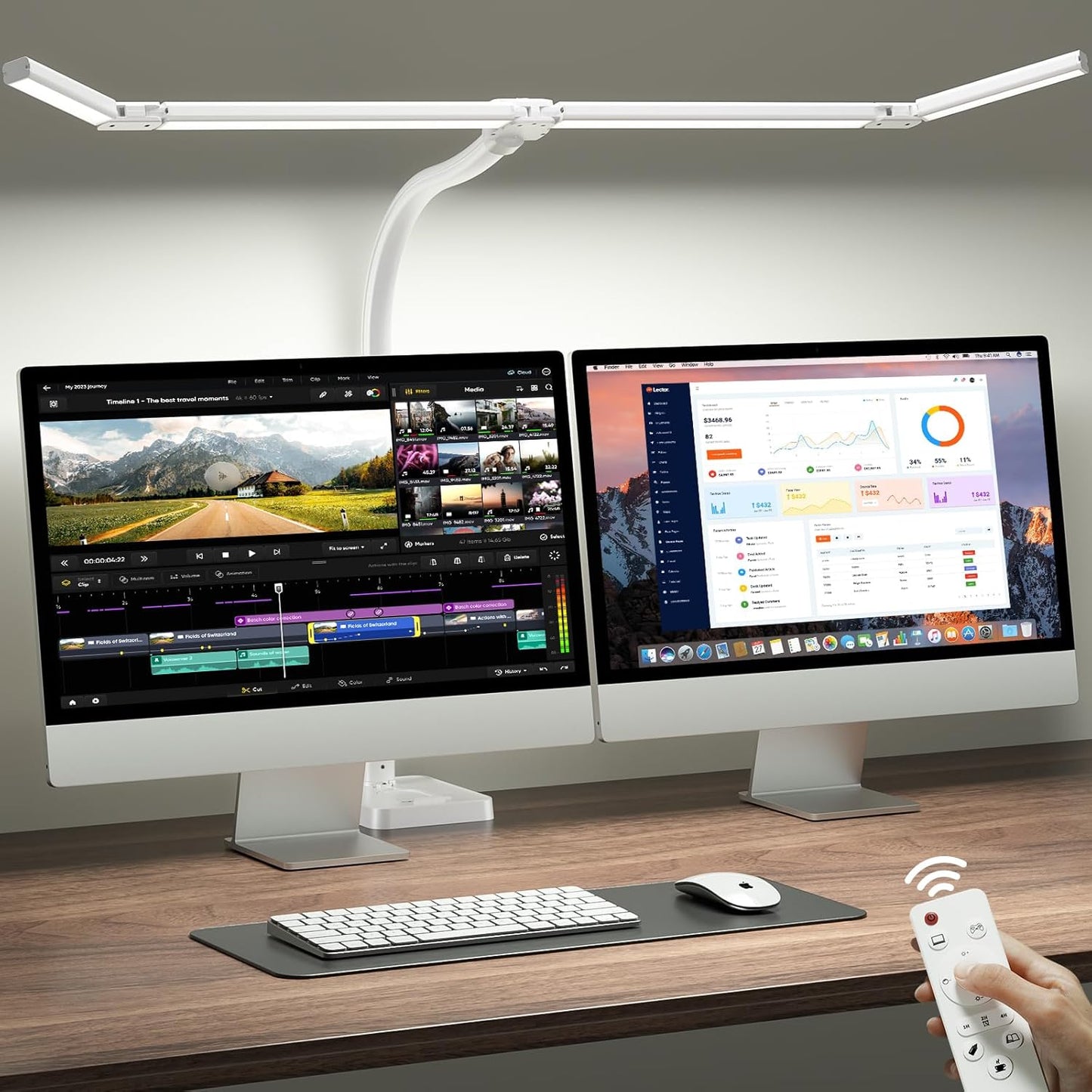 ONEMIX 42" LED Desk Lamp with Clamp, Architect Desk Light with Remote, Adjustable 4-Segment Bar, 1800LM Bright, Eye-Caring Desk Lamp for Home Office, Reading, Study, Dual Monitors, Workbench(Black)