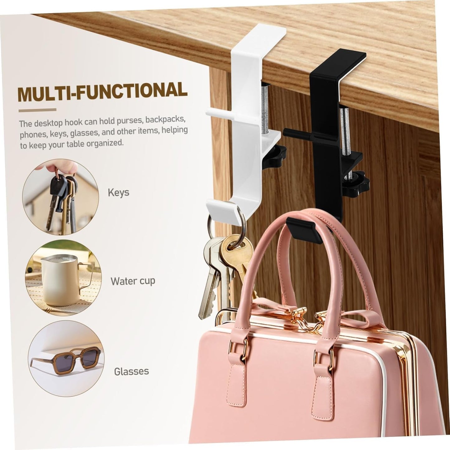 3PCS Desk Mount Bag Holder Hook Clamp,On Backpack Hanger Portable Desk Mount Headphones Holder for Reduce Desk Clutter Table Desk Table Hanging Storage