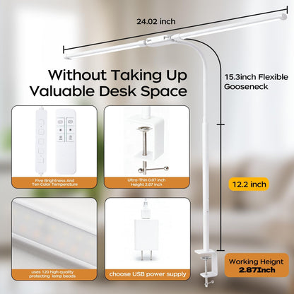 LED Desk Lamp with Clamp, Double Head Adjustable Architect Light, Eye-Caring Monitor Desk Lamp for Home Office, Flexible Gooseneck Task Lamp with 10 Brightness Levels & 5 Color Temperature Modes Black
