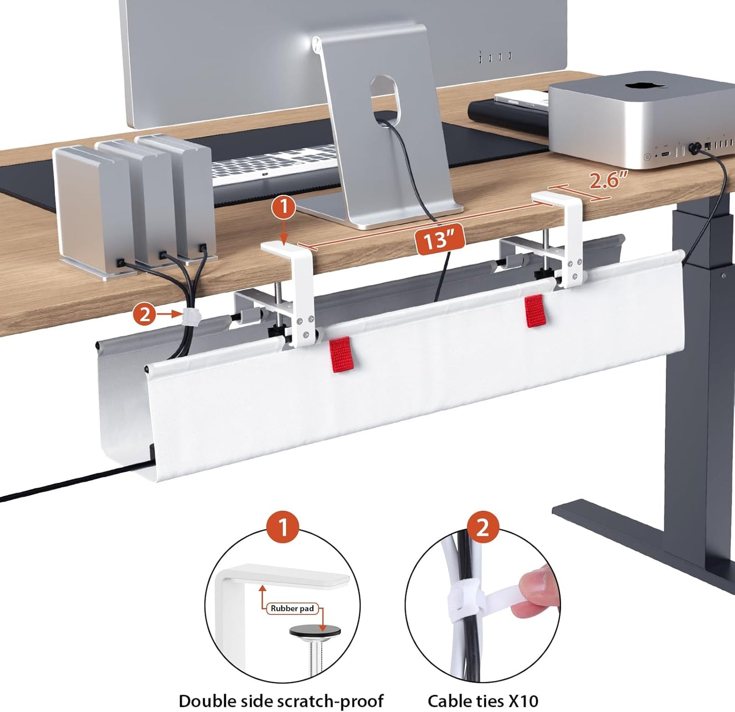 Univivi No Drill Under Desk Cable Management Tray, 36" Cord Organizer for Table, Clamp/Screw Mount Desk Cable Management, Premium Fabric Cable Management Tray for Office, Home