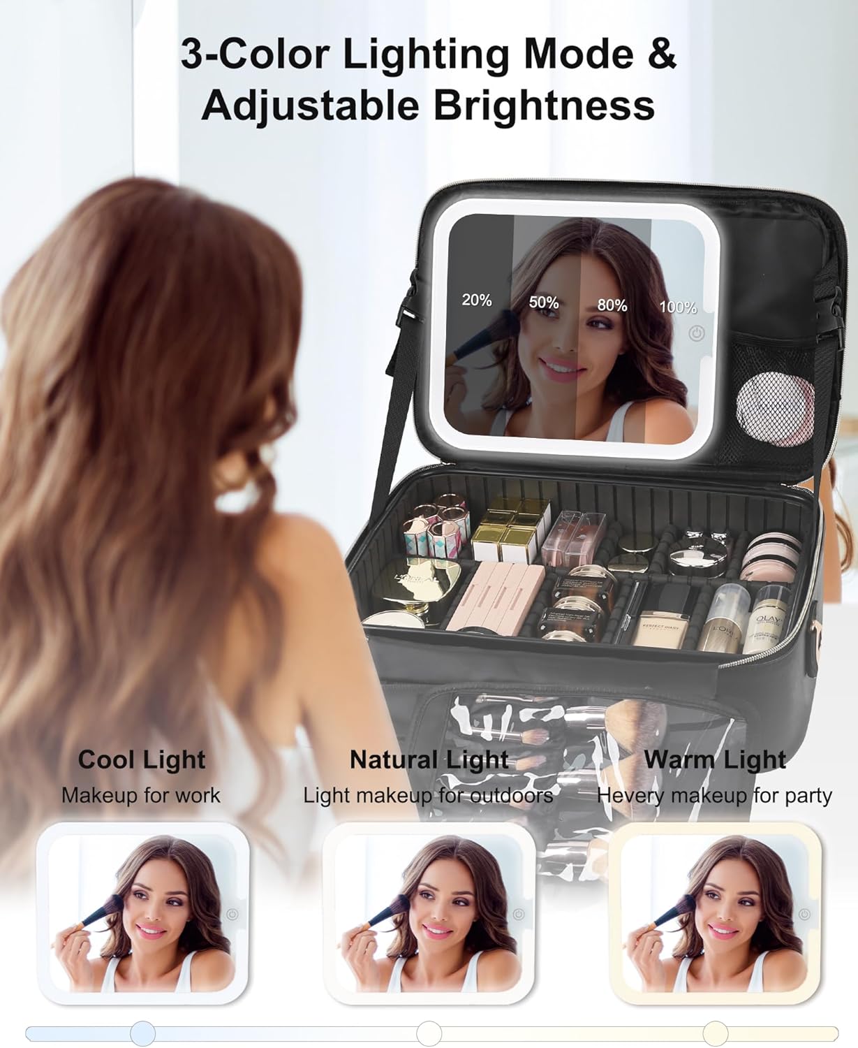 Relavel Travel Makeup Bag With LED Mirror, Cosmetic Train Case with Light up Mirror, Portable Makeup Artist Organizer Bag with Adjustable Dividers, Makeup Brush Holder Storage, Black
