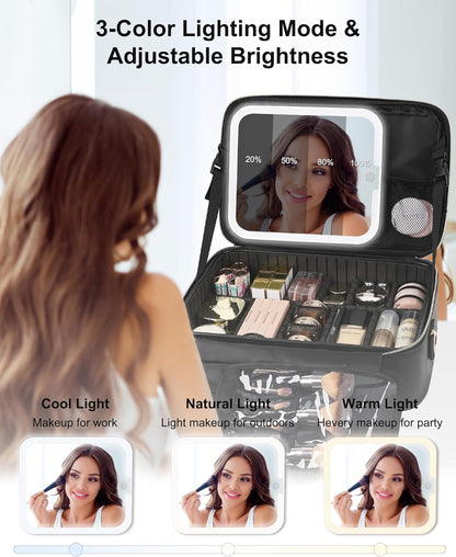 Relavel Travel Makeup Bag With LED Mirror, Cosmetic Train Case with Light up Mirror, Portable Makeup Artist Organizer Bag with Adjustable Dividers, Makeup Brush Holder Storage, Black