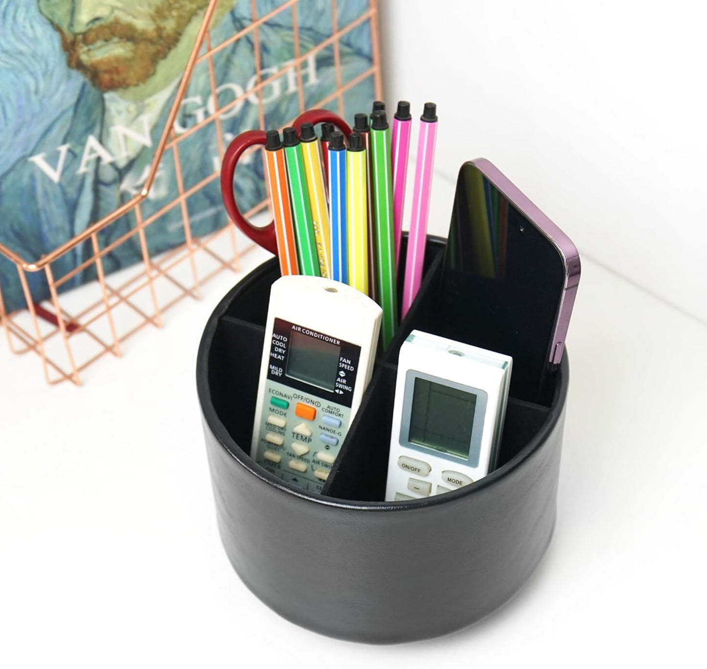 Round Leather Art Supply Organizer,Remote Control Holder,360 Degree Rotating,Multi-Functional Pencil Holder,4 Compartments Desktop Stationary Organizer(1-Fractal Flower) | Round - Colors A