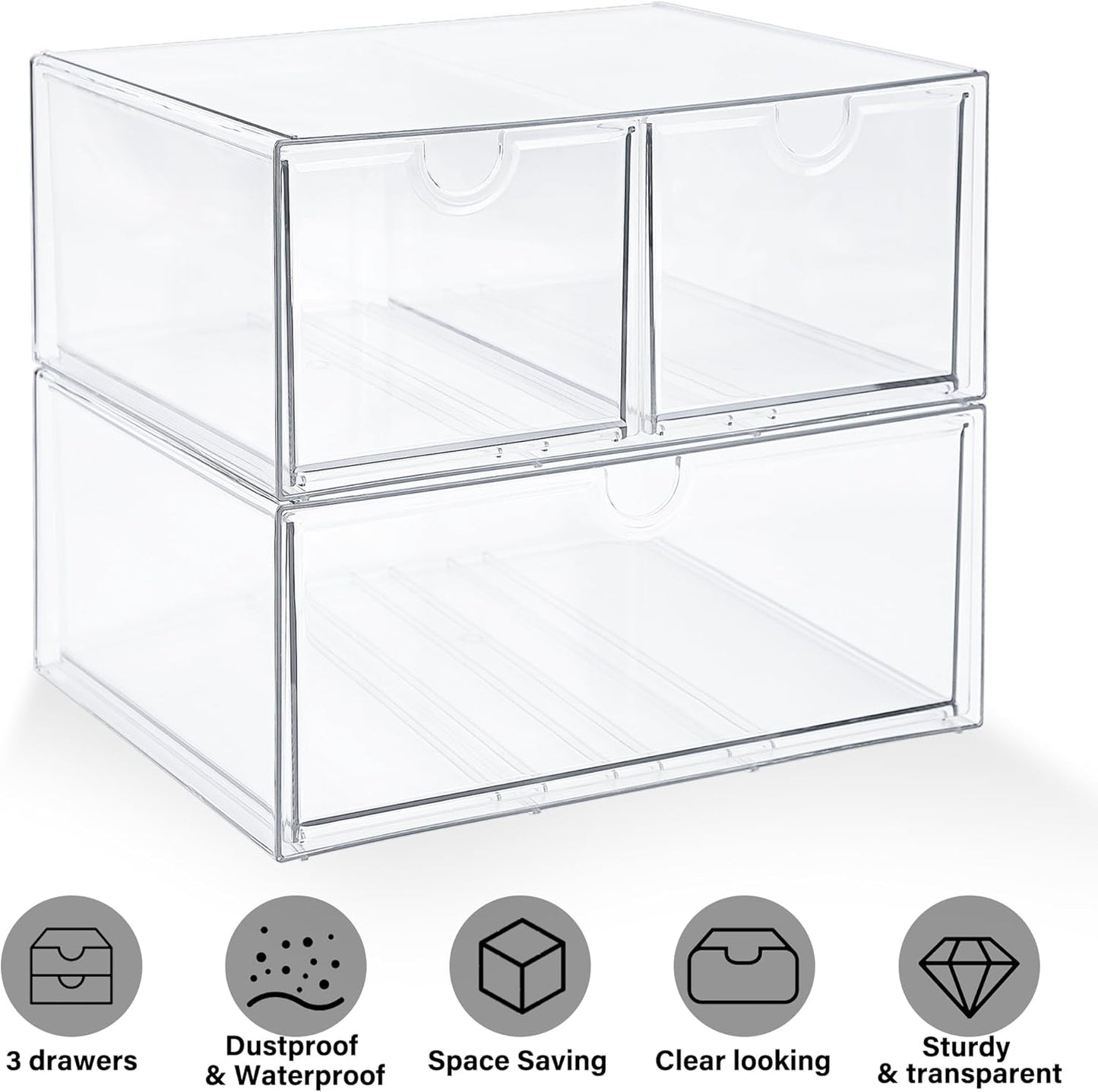 Prsildan Acrylic Drawer Makeup Organizer with 6 Drawers (Not for Baby Bottle), Set of 2 Office Desk Organizers Accessories, Clear Stackable Storage Drawers for Vanity, Craft (Largest Drawer 4" Tall)
