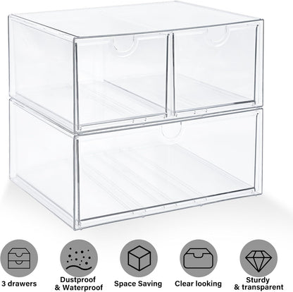 Prsildan Acrylic Drawer Makeup Organizer with 6 Drawers (Not for Baby Bottle), Set of 2 Office Desk Organizers Accessories, Clear Stackable Storage Drawers for Vanity, Craft (Largest Drawer 4" Tall)