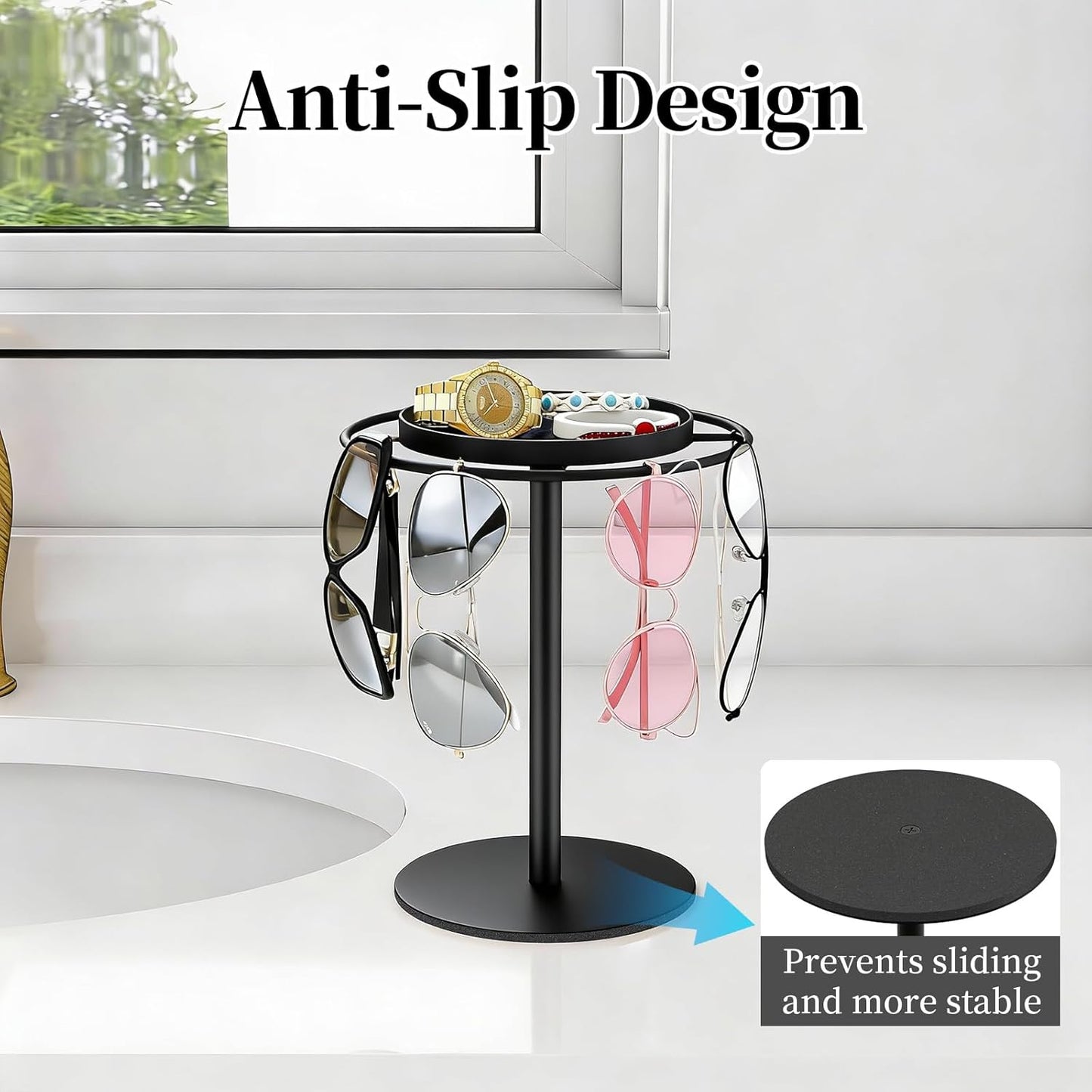 LSK Metal Sunglasses Organizer, Glasses Holder Stand with Storage Tray, Eyeglasses Holder with Anti-Slip Pads for Tabletop, Desk, Dresser, Matte Black