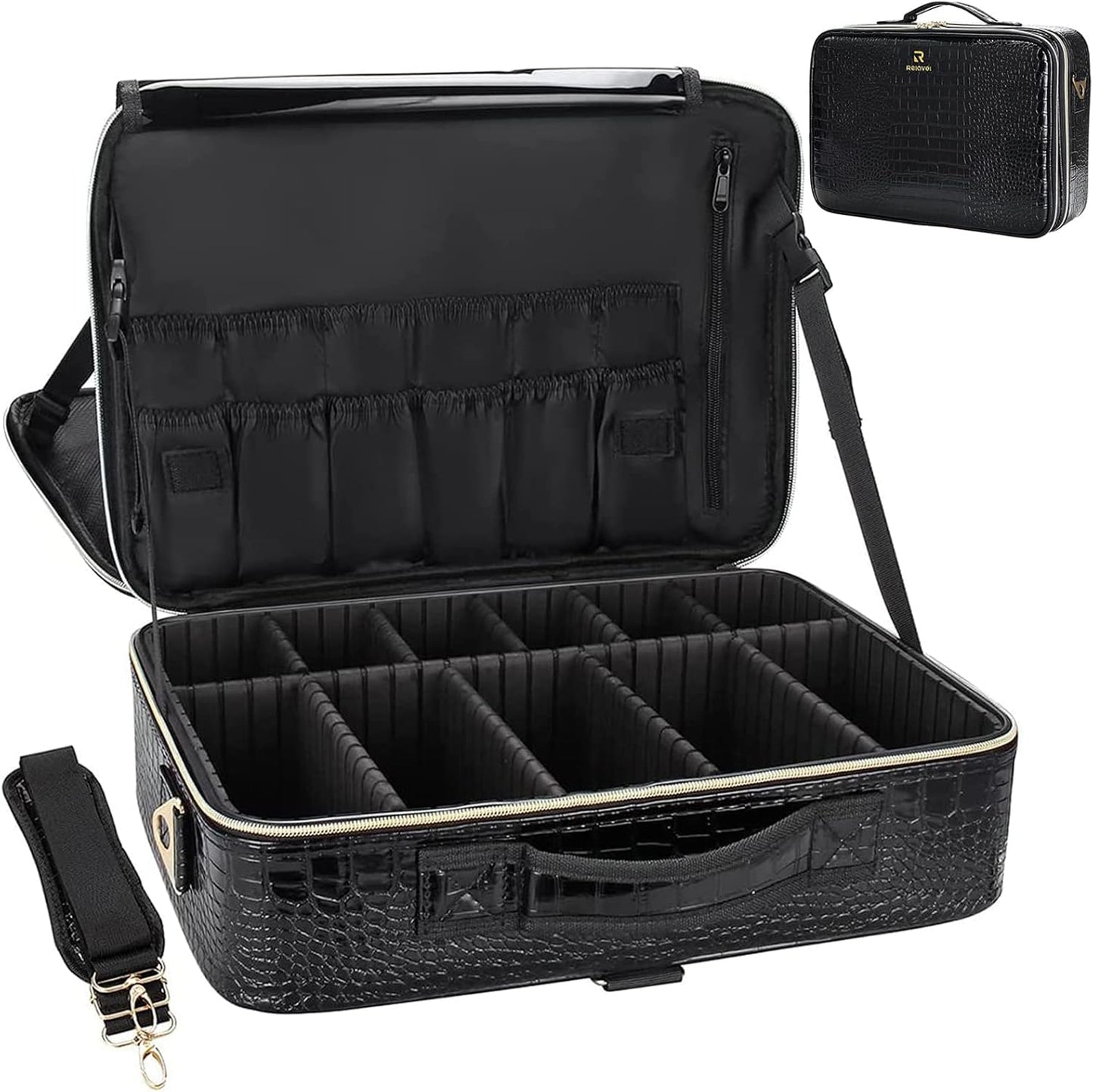 Relavel Makeup Case Large Makeup Bag Professional Train Case 16.5 inches Travel Cosmetic Organizer Brush Holder Waterproof Makeup Artist Storage Box, 3 Layer Large Capacity, with Adjustable Strap
