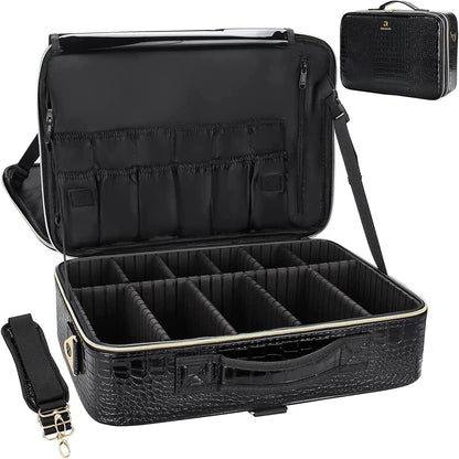 Relavel Makeup Case Large Makeup Bag Professional Train Case 16.5 inches Travel Cosmetic Organizer Brush Holder Waterproof Makeup Artist Storage Box, 3 Layer Large Capacity, with Adjustable Strap