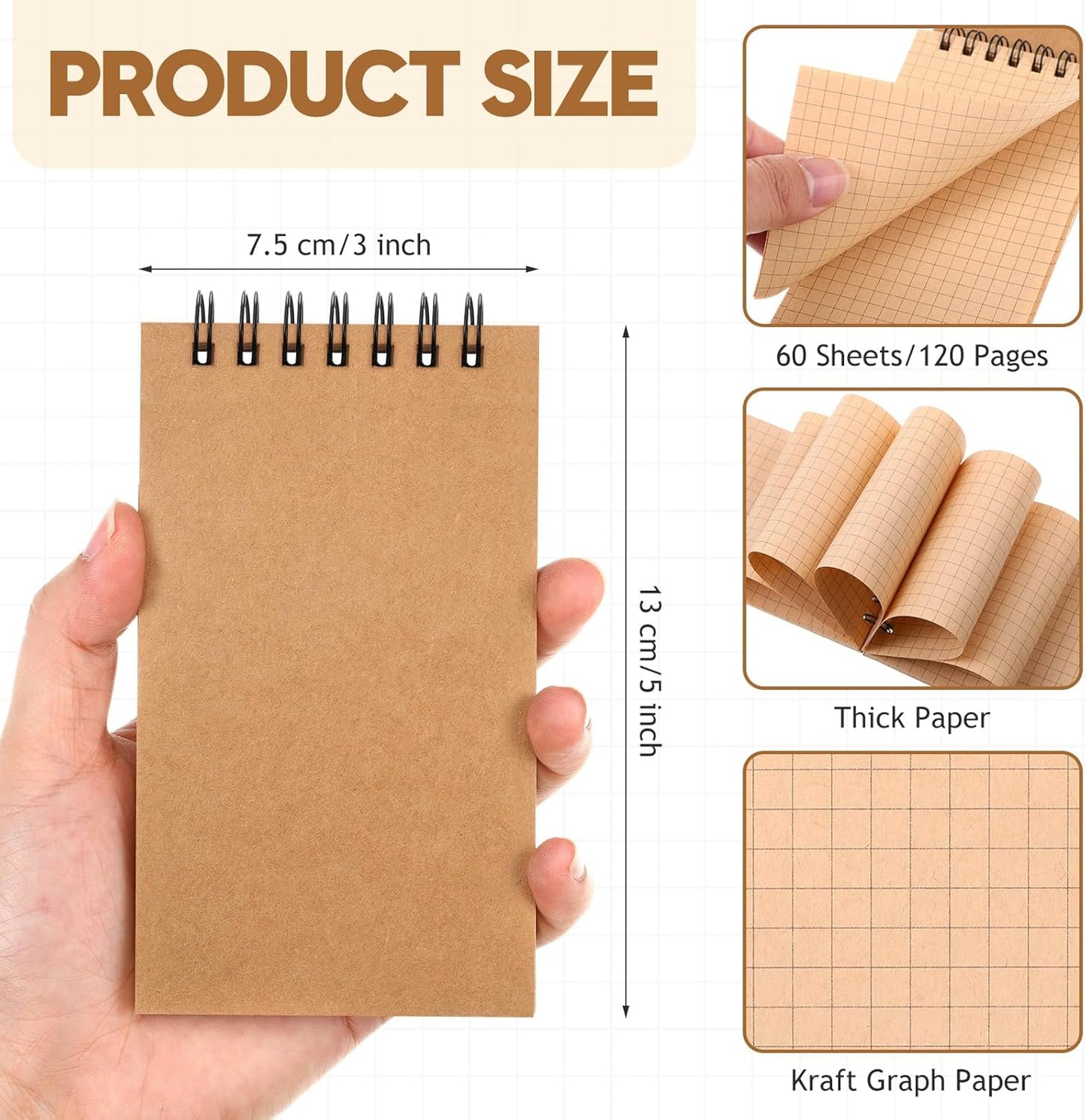 Jutom 2 Pcs Mini Pocket Notebooks Bulk 3x5 Graph Paper Top Spiral Notebook 120 Pages 80 Gsm Mini Grid Notepads for Personal Organizers Home Classroom Business Work Supplies (Kraft)