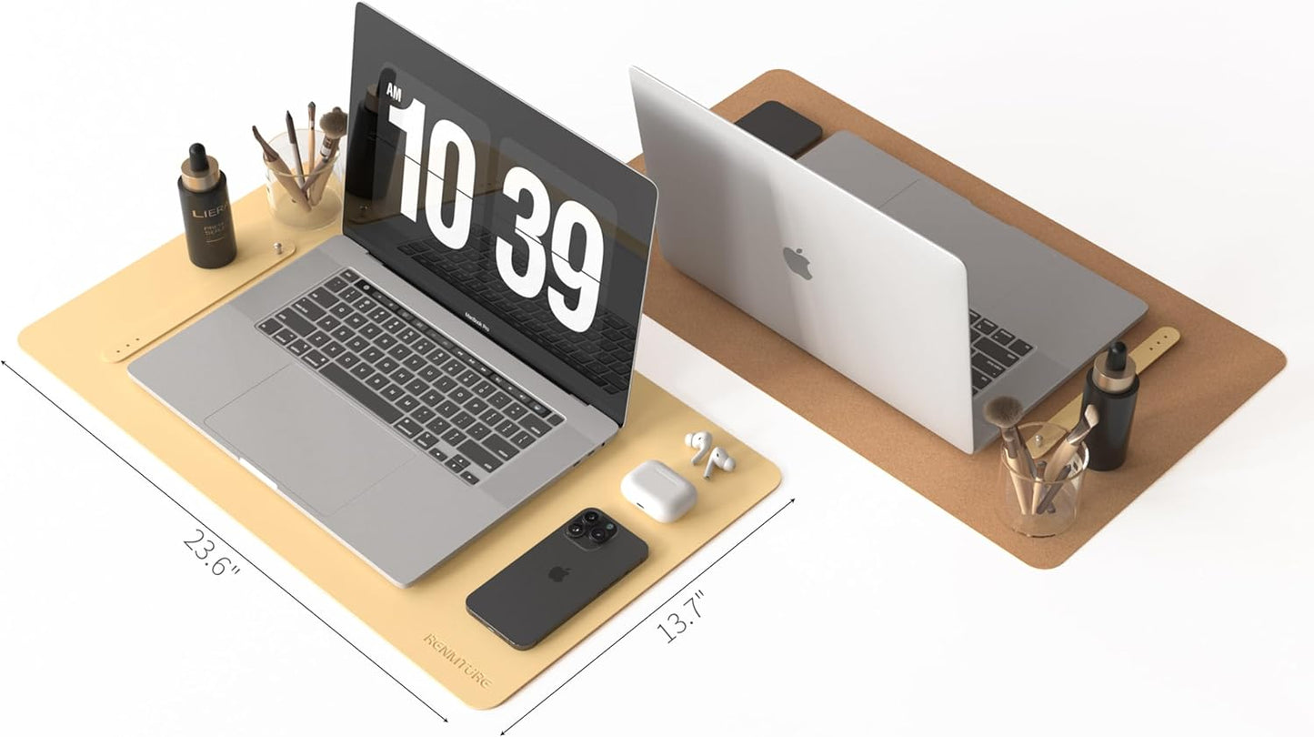 RENMTURE Desk Pad, Cork & PU Leather Desk Mat, Large Mouse pad, Non-Slip Desk Protector and Blotter, Waterproof Writing Pad, Desk Accessories and Organizers for Home Office (Light Yellow, 32"x16")