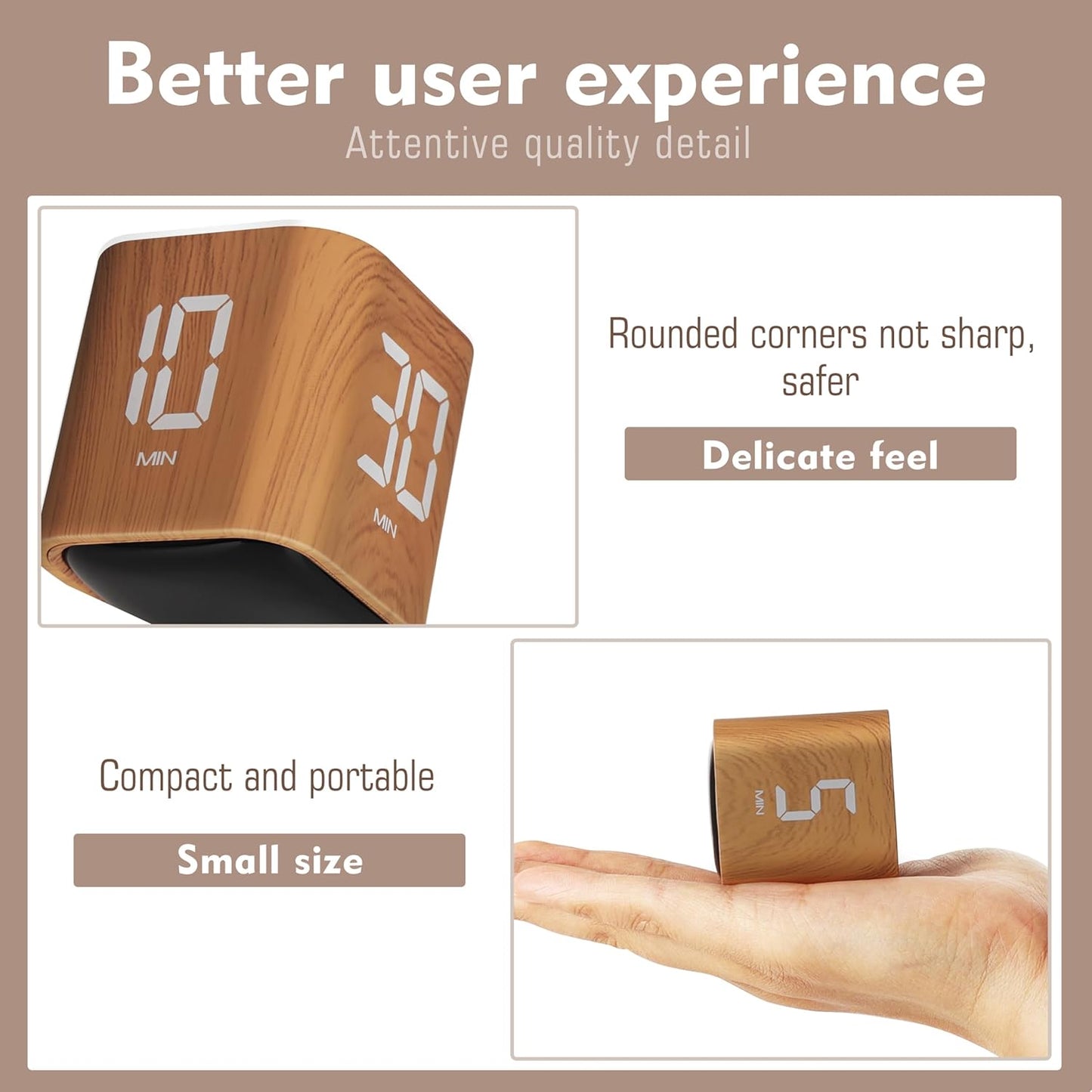 VEWINGL Cube Productivity Timer, 5/10/30/60 Min Presets + Custom Countdown, Silent/Vibrate/Sound Alarm, Pause & Resume, Desk Timer for Work, Study, Tasks, Kitchen