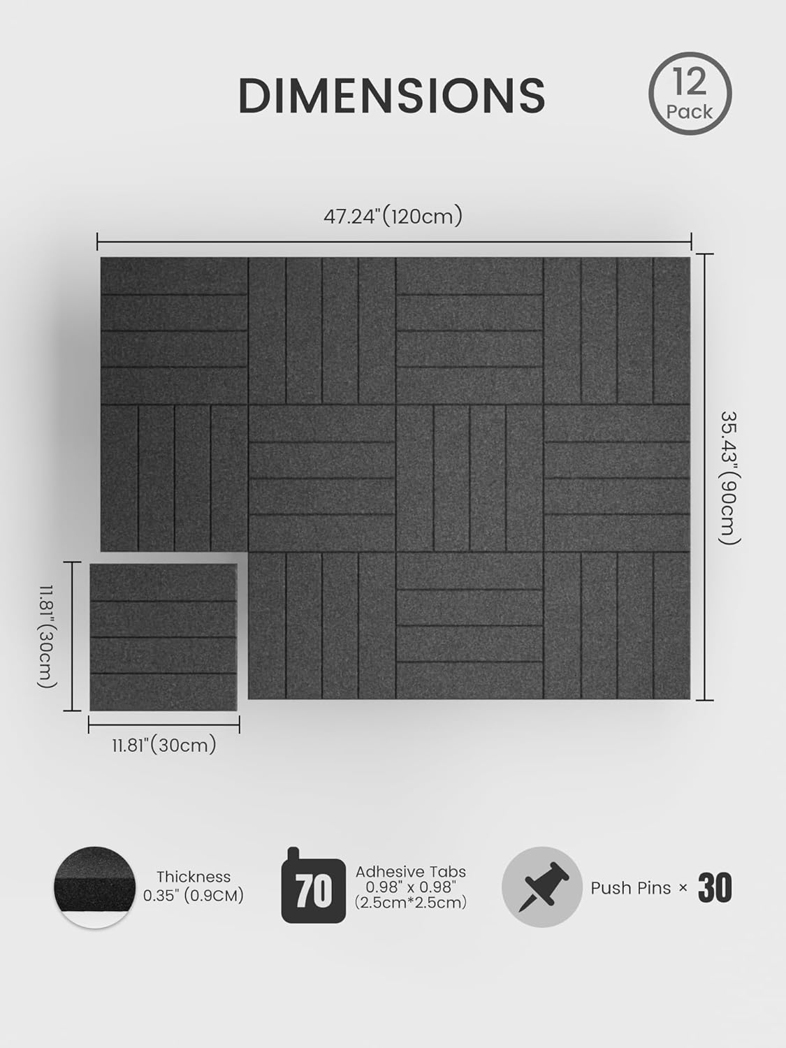 Bumusty Large Cork Board Alternative-48 x 36" Felt Bulletin Board Tiles, with 30 Pushpins, 70 Adhesive Tabs, Bold-Stripe 12-Pack, Cork Boards for Office Push Pin Board Felt Board-Carbon Blue