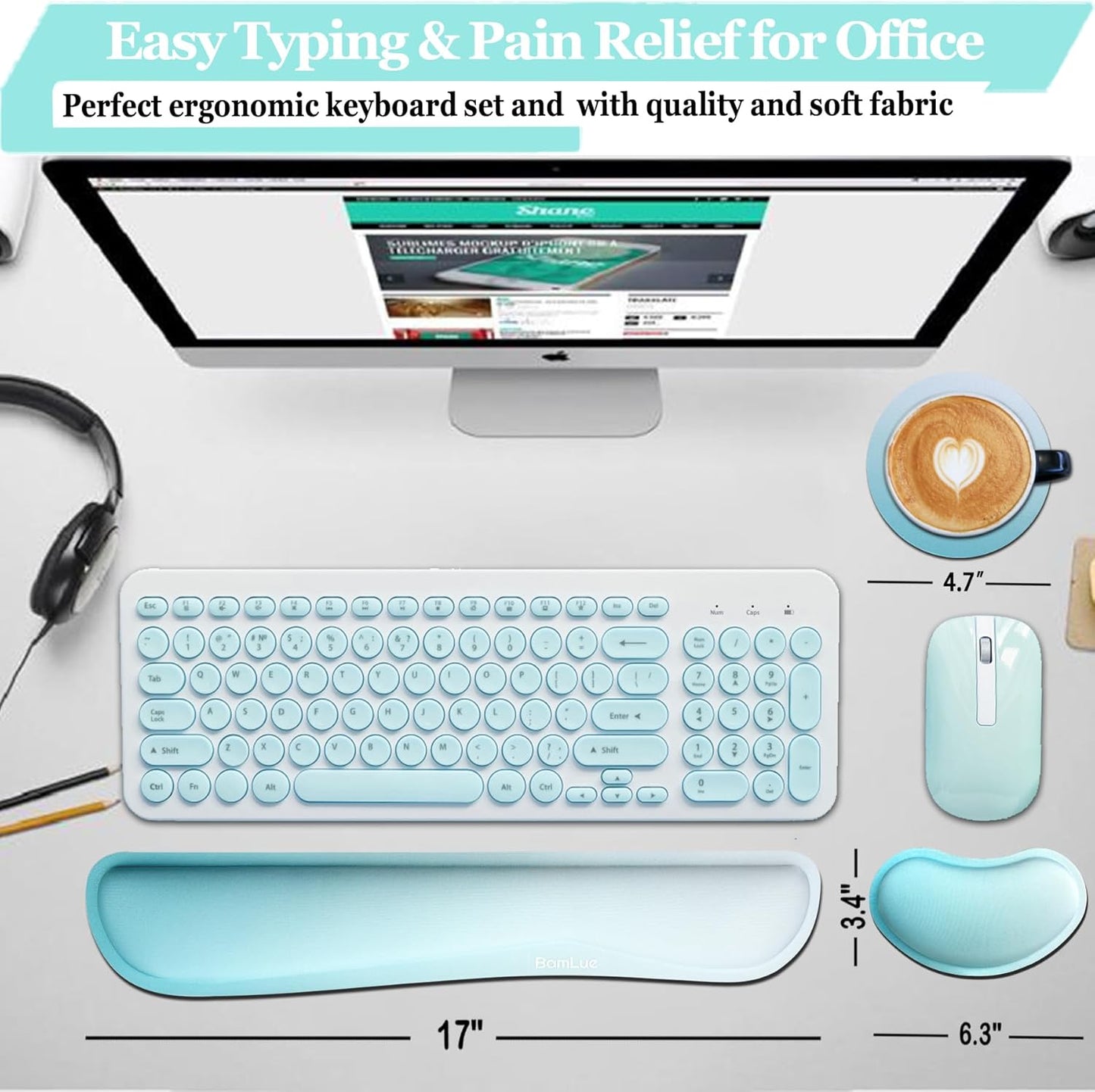 Keyboard Wrist Rest, BamLue Memory Foam Pad Set for Easy Typing & Pain Relief for Laptop, Office & Home, Ergonomic Sets for Keyboard, Gel Mouse Wrist Rest, Smooth Fiber Cushion Wrist Support-Black