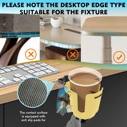 Desk Cup Holder with Headphone Hanger, Clip on Cup Holders for Desks with Spill-Proof Cup Design, Easy to Install, Enough to Hold 8-28OZ Coffee Cups, Water Bottles. (Black, Medium)