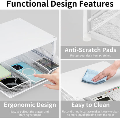 Wood Metal Monitor Stand Riser, Laptop Stand for Desk, Office Desk Organizer and Accessories, Computer Desktop Shelf with Drawer and Pen Holder, Printer Stand for Home, Office, Dorm (Natural Wood)