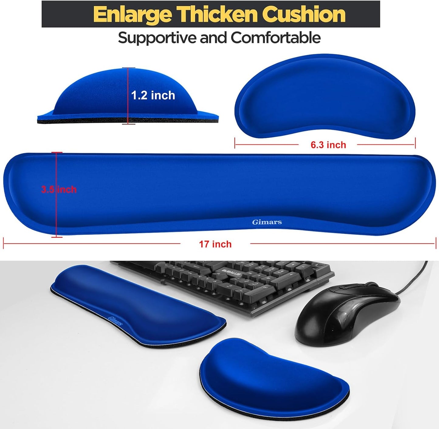 Gimars Upgrade Enlarge Silky and Superfine Fabric Gel Memory Foam Keyboard Wrist Rest Set, Ergonomic Keyboard Mouse Wrist Support for Typing Pain Relief, Comfort for Office, Gaming, Computer, Black