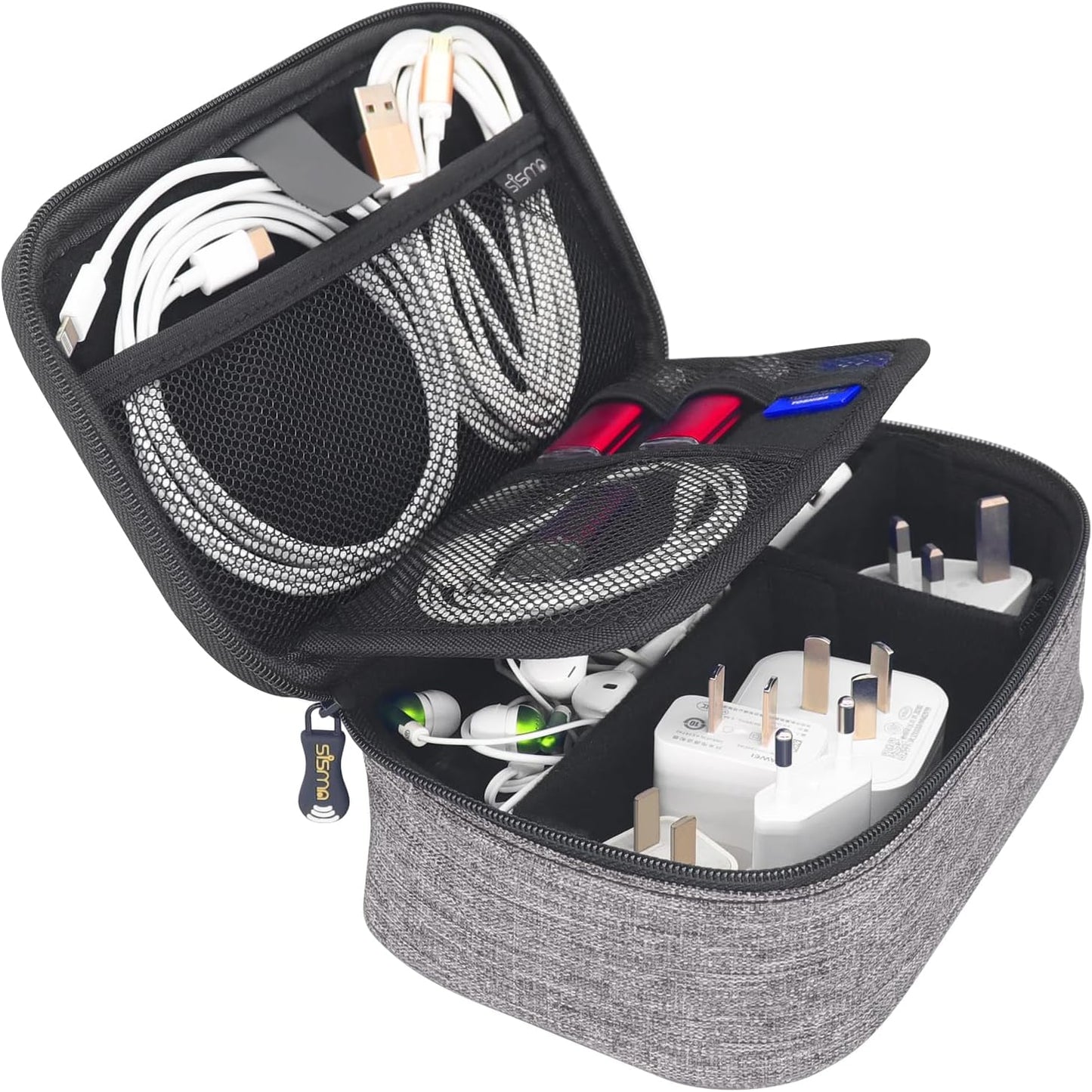 sisma Travel Electronics Organizer Small Carrying Case for Cables Phone Chargers USB Plugs Power Cords Earbuds Adapter Tech Accessories Pouch -Grey