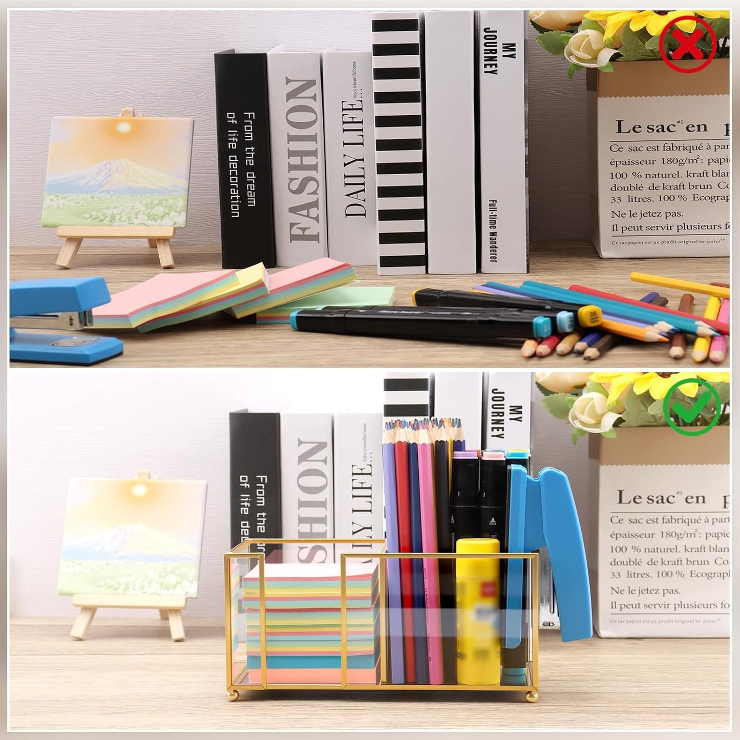 Glass Sticky Note Holder, Gold Post It Note Dispenser for Desk,3 x 3 Inch Post It Note Holder,Stylish Sticky Note Dispenser for Home Office Desk