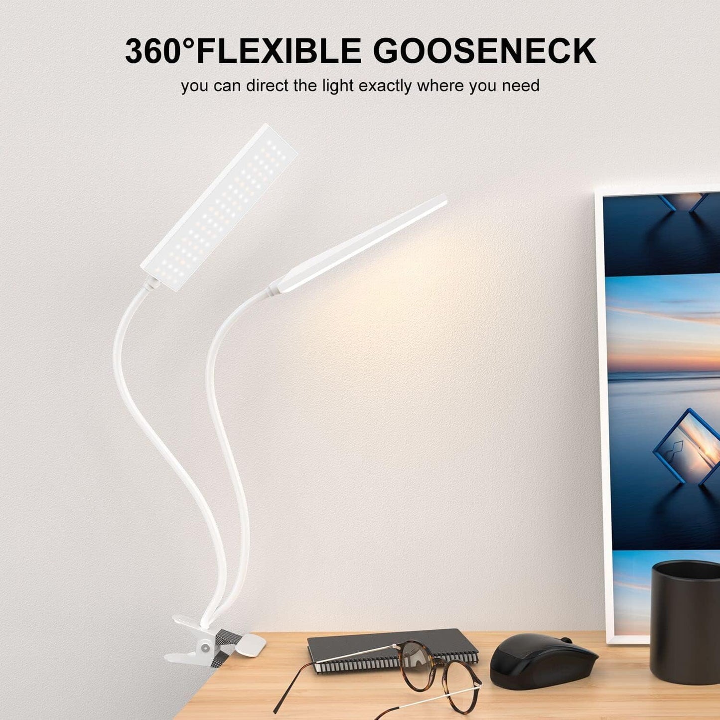 Vansuny Clip on Light LED Desk Lamp with Eye-Caring LED Light and Metal Clip, 6 Level Brightness 3 Color Modes, Power by USB Port 5W Adjustable Neck Reading Lamp for Home and Office (5W, Black)