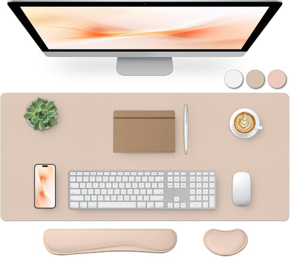 Bloss Leather Desk Pad and Keyboard Wrist Rest, Large Mouse Pad + Keyboard Pad+Mouse Wrist Support, Non-Slip Desk Mat Protector for Office, Home(31.5×15.7 Inches,Beige) - Colors B