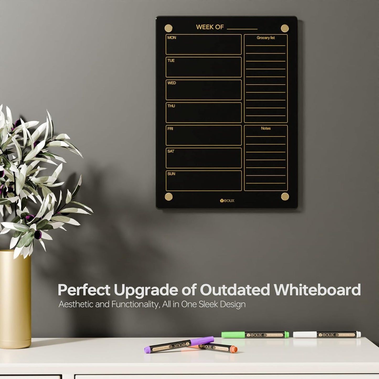 Glass Golden Weekly Dry Erase Calendar & Menu Whiteboard for Wall, Meal Planning & Grocery Shopping List White Board for Kitchen, 15x11, 7 Days Planner for Home, 4 Wet Erase Markers Included, Yeoux*