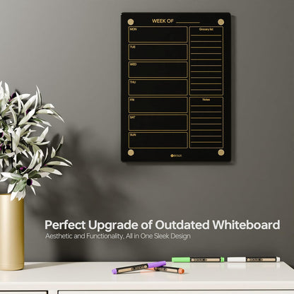 Glass Golden Weekly Dry Erase Calendar & Menu Whiteboard for Wall, Meal Planning & Grocery Shopping List White Board for Kitchen, 15x11, 7 Days Planner for Home, 4 Wet Erase Markers Included, Yeoux*