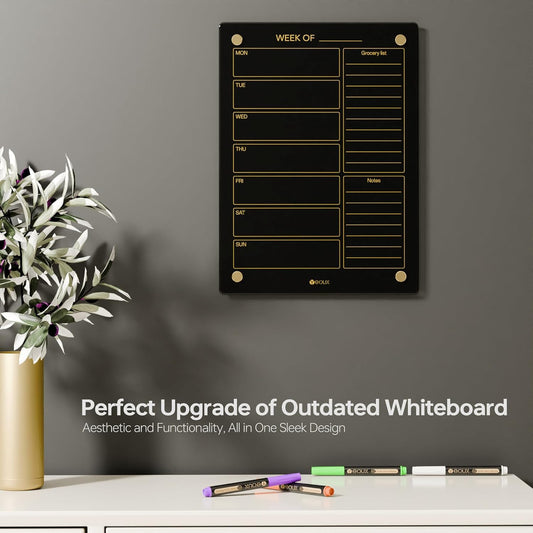 Glass Golden Weekly Dry Erase Calendar & Menu Whiteboard for Wall, Meal Planning & Grocery Shopping List White Board for Kitchen, 15x11, 7 Days Planner for Home, 4 Wet Erase Markers Included, Yeoux*