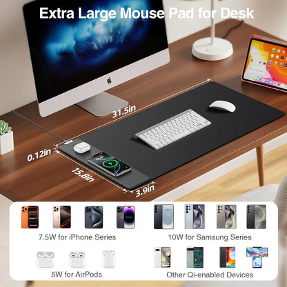 Wireless Charging Mouse Pad with Foldable Phone Holder, 31.5"x15.8" Large Desk Mat for Laptop/Keyboard, Waterproof Ultra-Smooth Surface, Non-Slip Base, Black