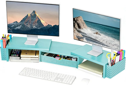Spacrea Metal Desk Organizers and Accessories, Dual Monitor Stand Riser with Drawer and 2 Pen Holders, Desk Accessories & Workspace Desktop Organizers for Office Supplies (Wood)
