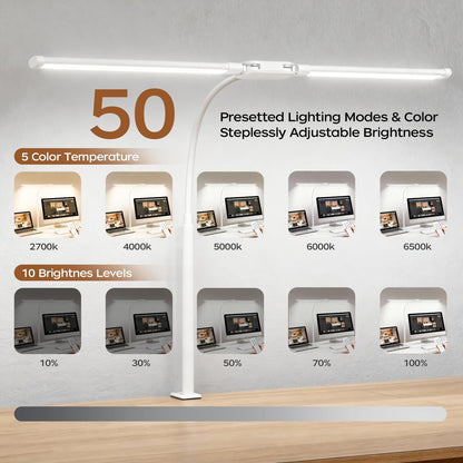 LED Desk Lamp with Clamp, Double Head Adjustable Architect Light, Eye-Caring Monitor Desk Lamp for Home Office, Flexible Gooseneck Task Lamp with 10 Brightness Levels & 5 Color Temperature Modes Black