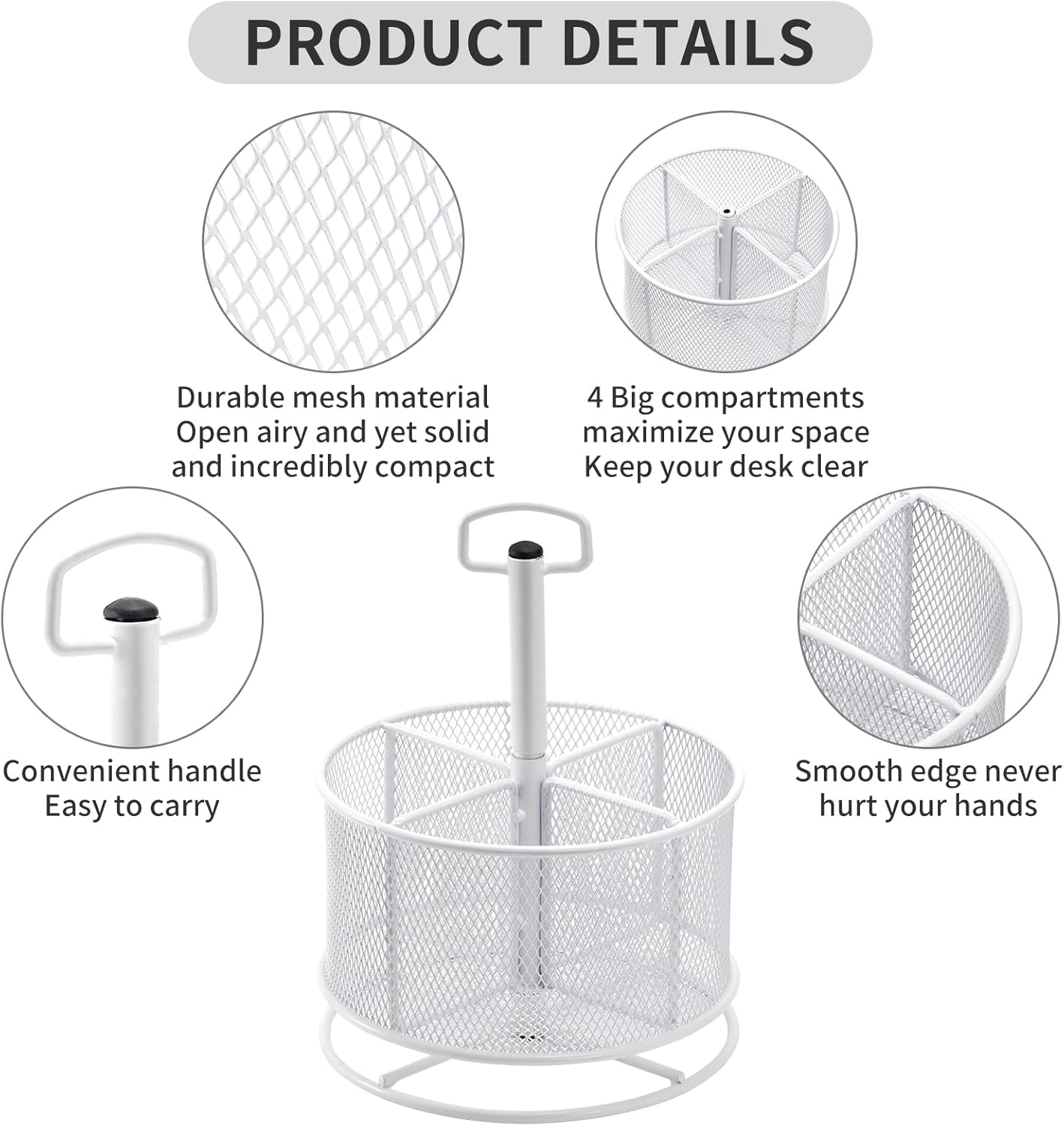 Marbrasse Mesh Desk Organizer, 360-Degree Rotating Multi-Functional Pen Holder, 4 Compartments Desktop Stationary Organizer, Home Office Art Supply Storage Box Caddy (Black)