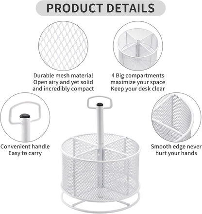 Marbrasse Mesh Desk Organizer, 360-Degree Rotating Multi-Functional Pen Holder, 4 Compartments Desktop Stationary Organizer, Home Office Art Supply Storage Box Caddy (Black)