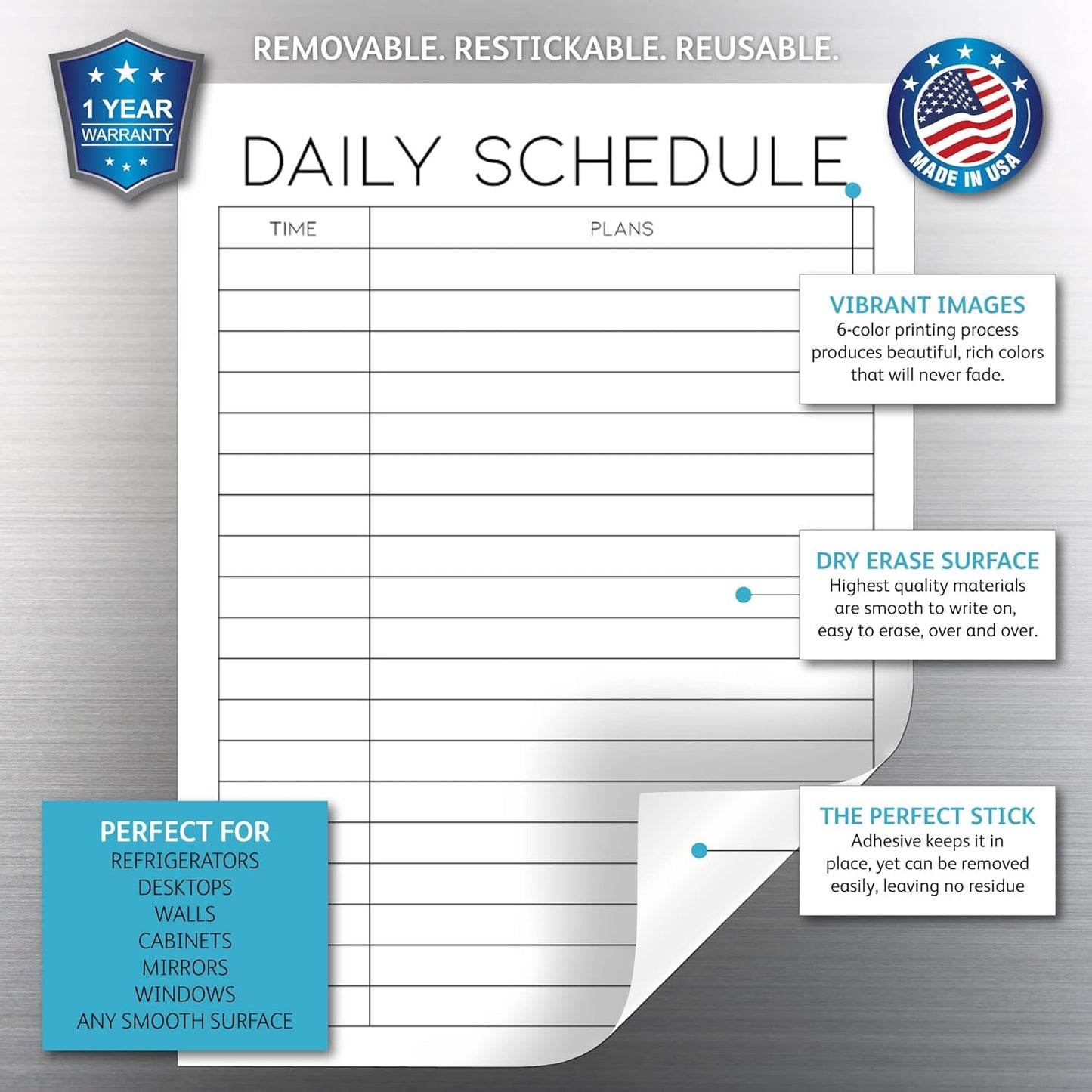 Dry Erase Daily Schedule Planner Sticker Decal by Glassboard Studio | Removable & Reusable | Magnetic Fine-Tip Marker Included (9 x 12 inches, White)