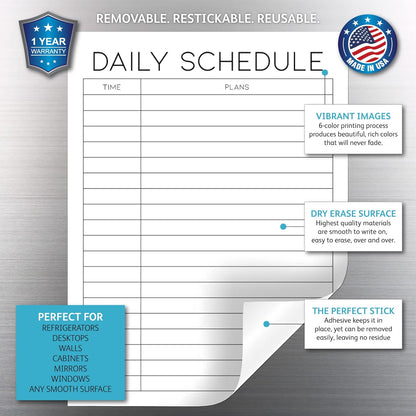 Dry Erase Daily Schedule Planner Sticker Decal by Glassboard Studio | Removable & Reusable | Magnetic Fine-Tip Marker Included (9 x 12 inches, White)