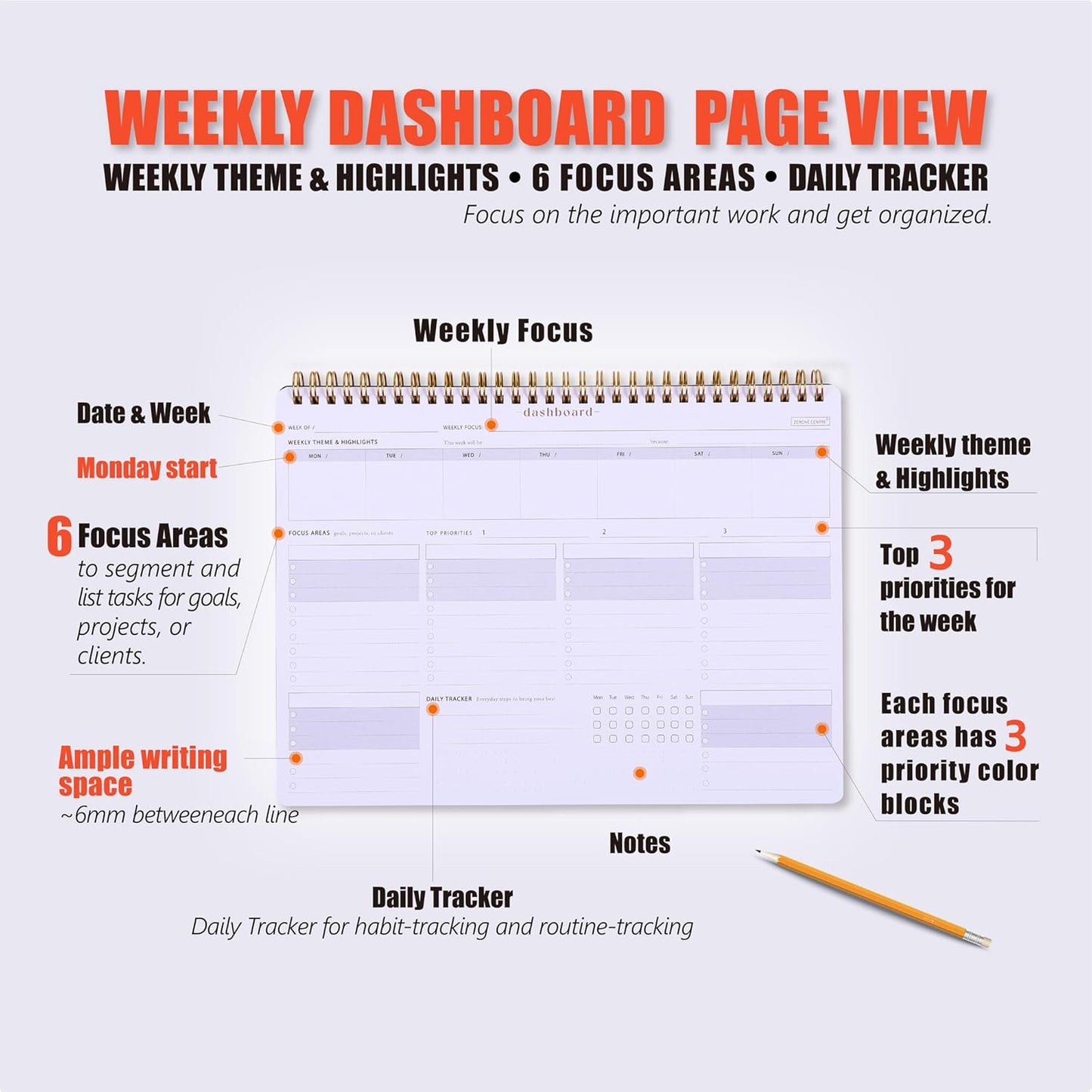 Sunday Start Weekly Planner with Habit Tracker - 8.5×11" Professional Productivity Tools to Organize Your Daily Tasks, Goals, Projects - Dashboard Desk Pad - ADHD To-Do List Notepad