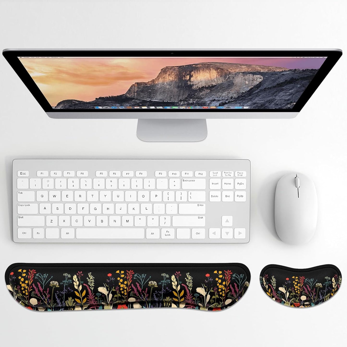 Dapesuom Enlarge Keyboard Wrist Rest, Memory Foam Wrist Cushion for Desk Mat Support, Cute Pain Relief Keyboard Mouse Pad Rests Set with Non-Slip Base for Gaming Laptop Office Computer, Elegant Flower