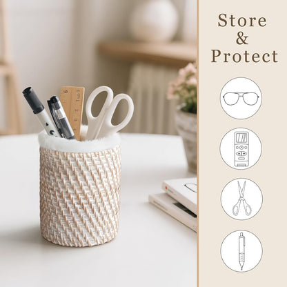 Mkono Glasses Holder for Nightstand Rattan Protective Glasses Stand for Glass Eyeglass Organizer Holder for Desk, Table