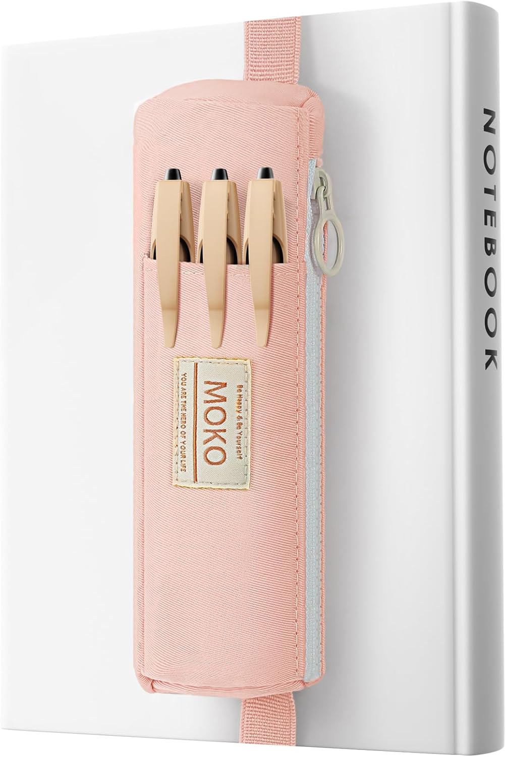 MoKo Pen Holder for Notebook, Pencil Pouch with Adjustable Elastic Band, Slim Portable Zipper Pen Pouch Holder for Planners, Journals, Book, Pink