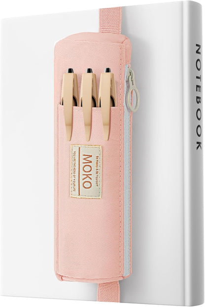 MoKo Pen Holder for Notebook, Pencil Pouch with Adjustable Elastic Band, Slim Portable Zipper Pen Pouch Holder for Planners, Journals, Book, Pink