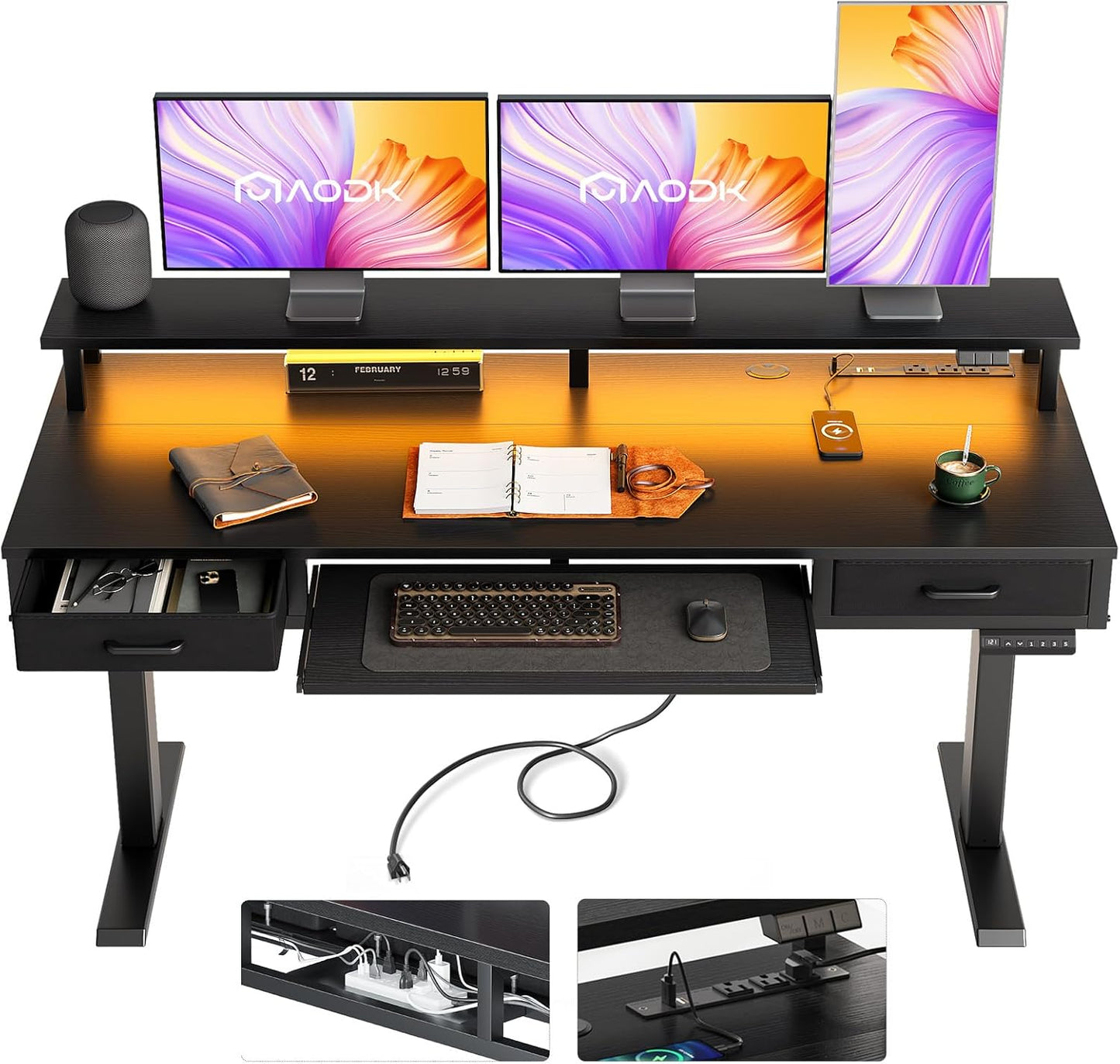 AODK Electric Standing Desk with Drawers & Keyboard Tray, 55 Inch Height Adjustable Gaming Desk with Power Outlets & LED Lights, Sit Stand Table with Monitor Stand for Home, Office, Rustic Brown
