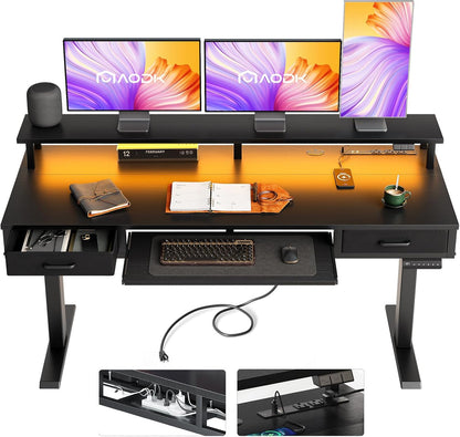 AODK Electric Standing Desk with Drawers & Keyboard Tray, 55 Inch Height Adjustable Gaming Desk with Power Outlets & LED Lights, Sit Stand Table with Monitor Stand for Home, Office, Rustic Brown