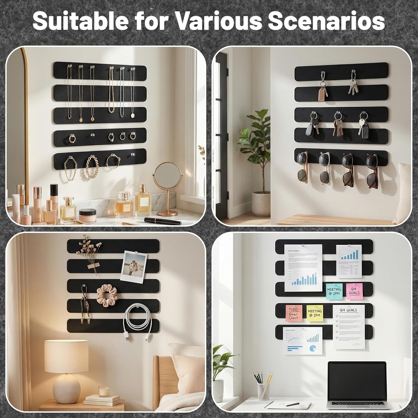 Thboxes 5 Pack Felt Bulletin Board Strips, 13x2 Inch Self Adhesive Felt Pin Boards with 30 Pushpins, Cork Board for Walls Home Office Decor(Black)