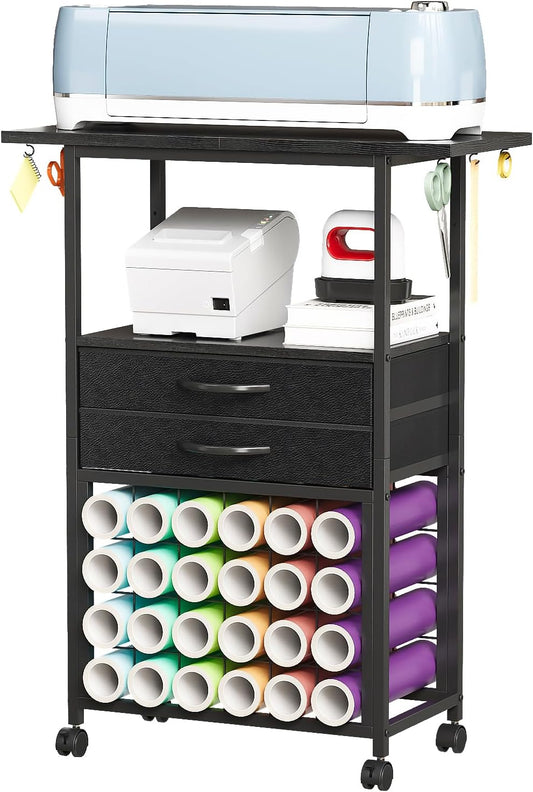 VENNQD Organizer and Storage Stand Compatible with Cricut Machines,Rolling Storage Cart/Shelf with 24 Vinyl Roll Holders，2 Fabric Drawer,Accessories Holder,Tool Hook for Craft Room Home (white)