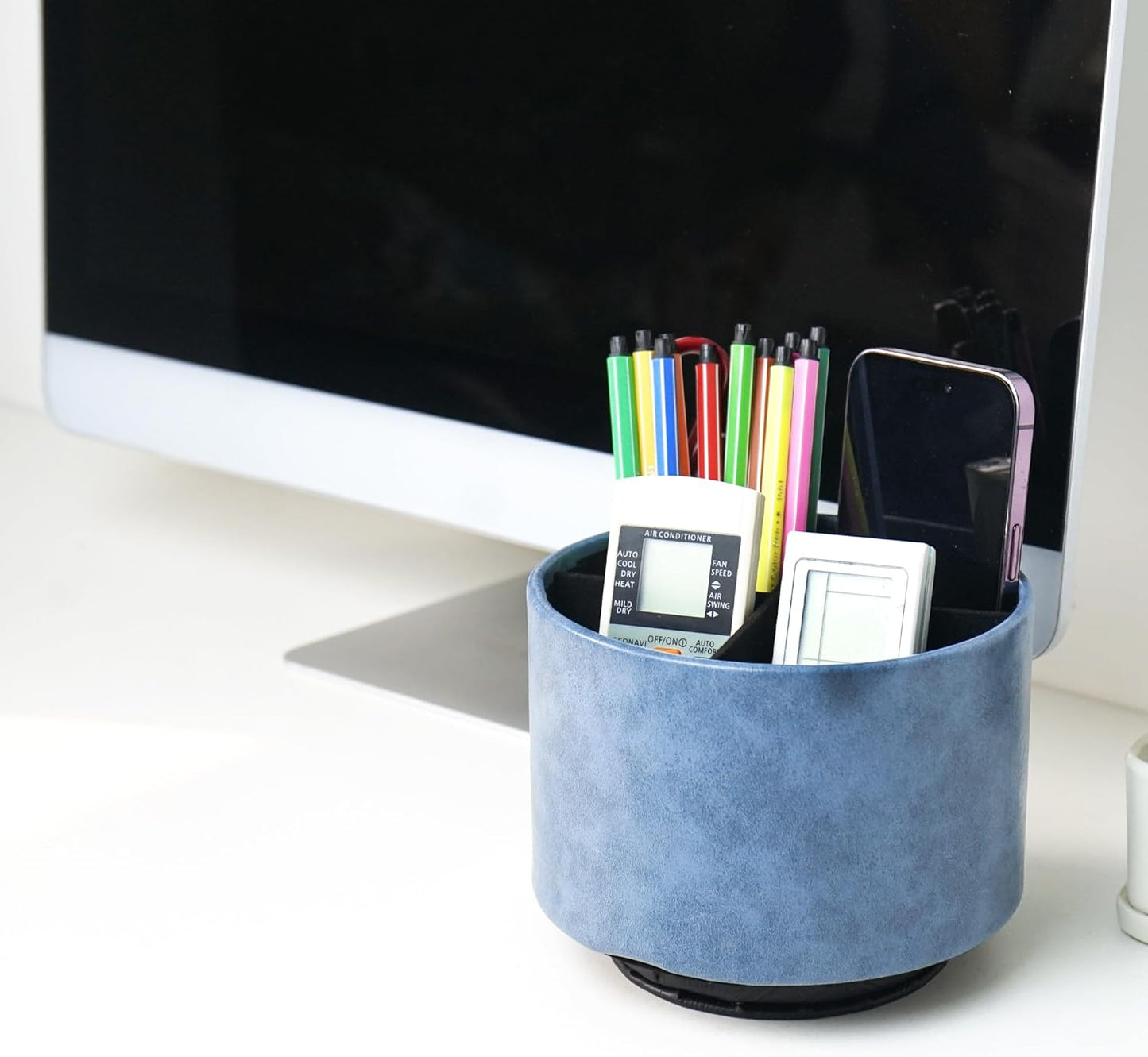 Round Leather Art Supply Organizer,Remote Control Holder,360 Degree Rotating,Multi-Functional Pencil Holder,4 Compartments Desktop Stationary Organizer(1-Fractal Flower) | Round - Colors C