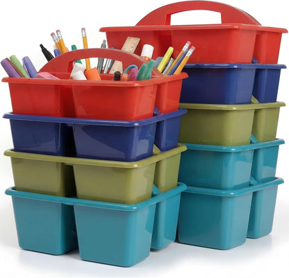 Kathfly 4 Pack Caddy Organizer with Handle, Stackable Organization Storage, Small Plastic Basket Classroom Caddy for Table Desk Office Pencil Kids Room Craft Art Teacher School Supplies (Blue Orange)