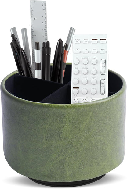 Round Leather Art Supply Organizer,Remote Control Holder,360 Degree Rotating,Multi-Functional Pencil Holder,4 Compartments Desktop Stationary Organizer(1-Fractal Flower) | Round - Colors B